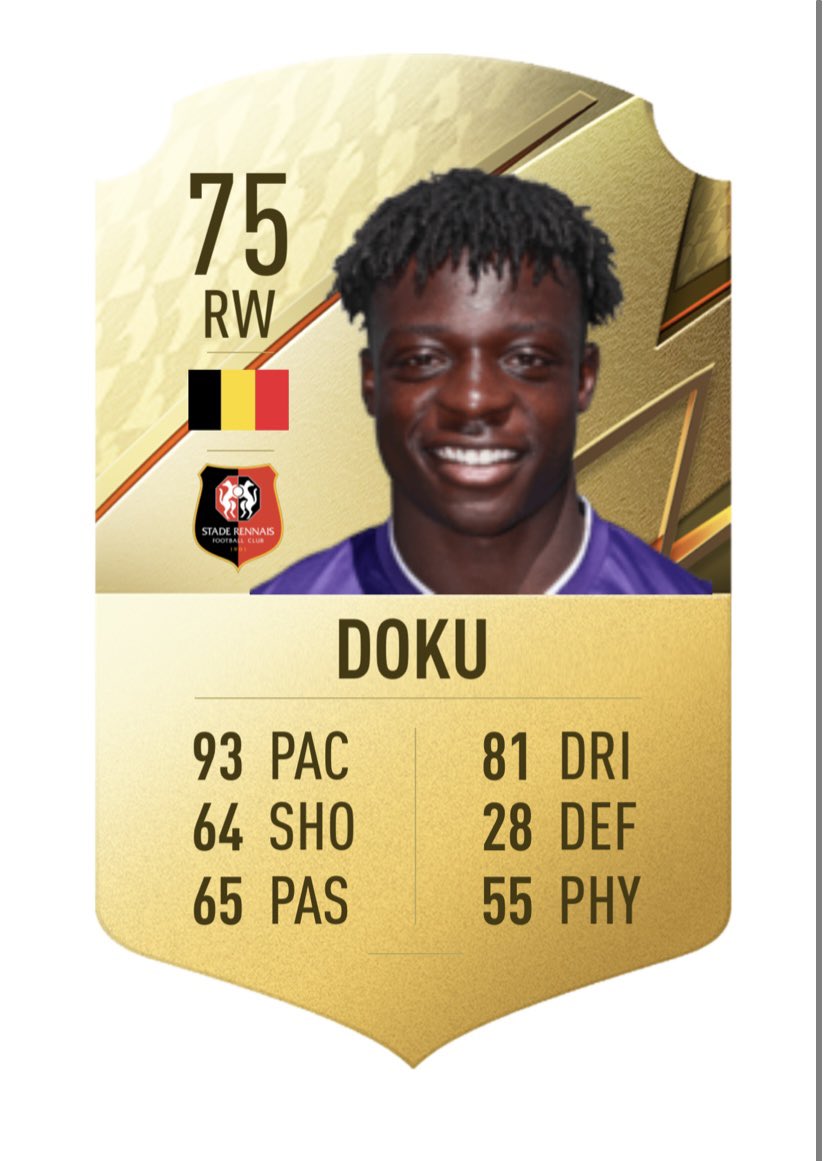 FUT_22Leaks's tweet photo. Jeremy Doku official #FIFA22 Rating🇧🇪⚡️

#FIFA22Ratings #Database #Ratings https://t.co/ZcAfppEKVX