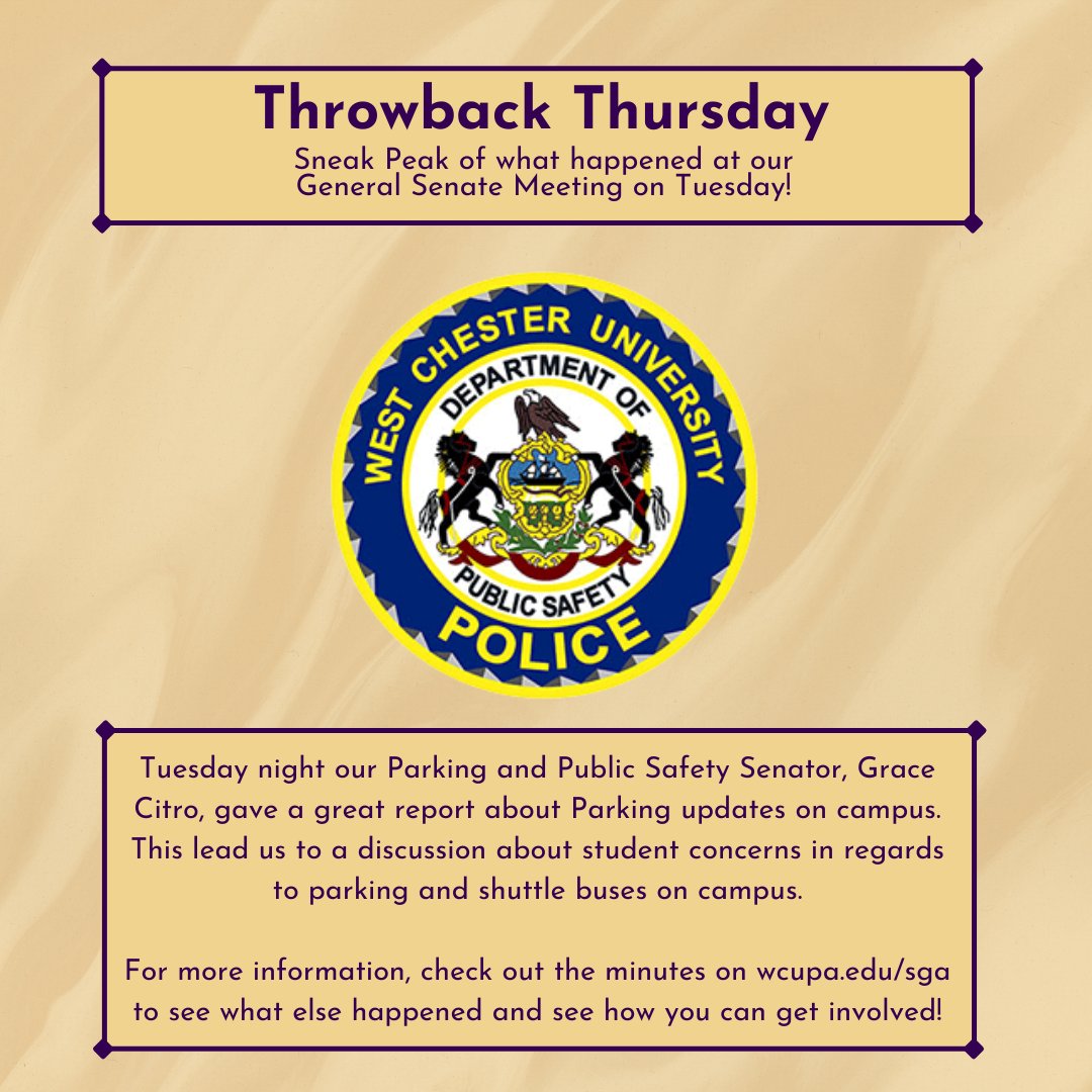 WCU_SGA's tweet image. This weeks Throwback Thursday has to do with Parking and Public Safety. We had a great discussion and listened to student concerns during our Tuesday night meeting. Make sure to check out the minutes for more information at wcupa.edu/sga #SGA #studentconcerns