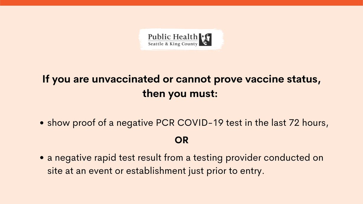 People who are unvaccinated or cannot prove vaccine status will be required to show proof of a negative PCR #COVID19 #test in the last 72 hours, or an FDA-approved rapid test result conducted by a testing provider on site at an event or establishment just prior to entry.