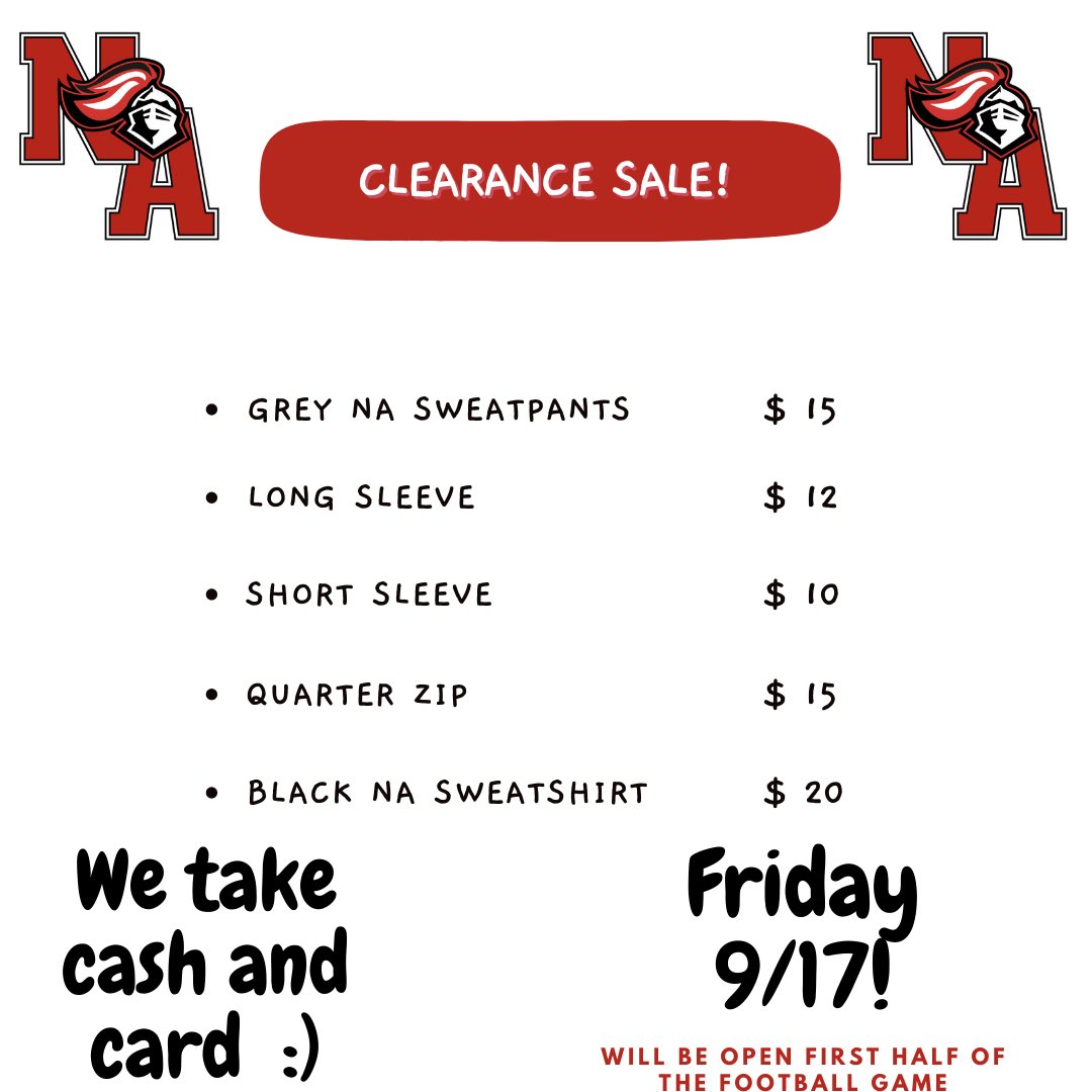 thearmoryna's tweet photo. Huge sale tomorrow from 6:30-halftime at the football game! Make sure to buy your NA merch! https://t.co/63f24L7c3o
