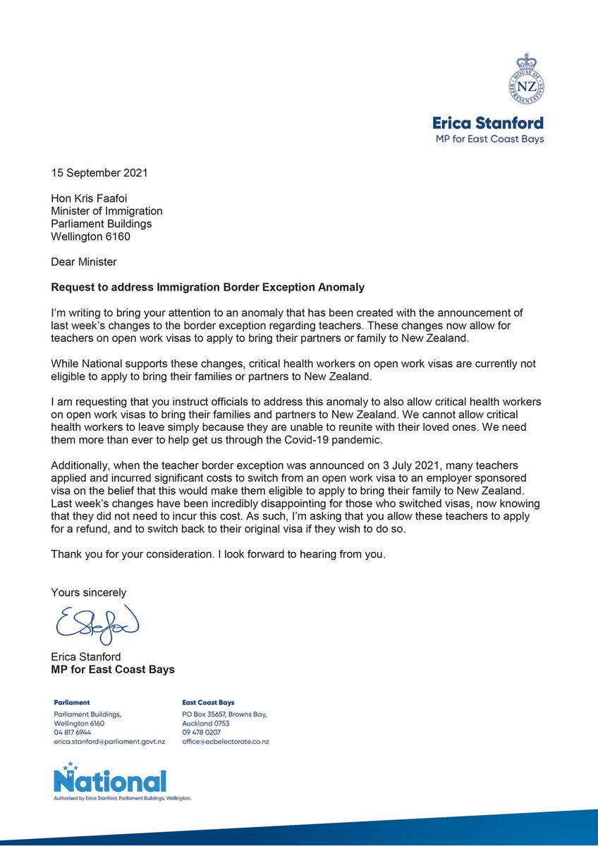EricaStanfordMP's tweet photo. Hi @KrisinMana why have you  recently allowed teachers on open work visas to bring their families to NZ but not critical healthcare workers? Healthcare workers must only hold an employer sponsored visa. Seems weird and cruel at a time when we don’t need our nurses to be leaving https://t.co/oB41O8zzr7