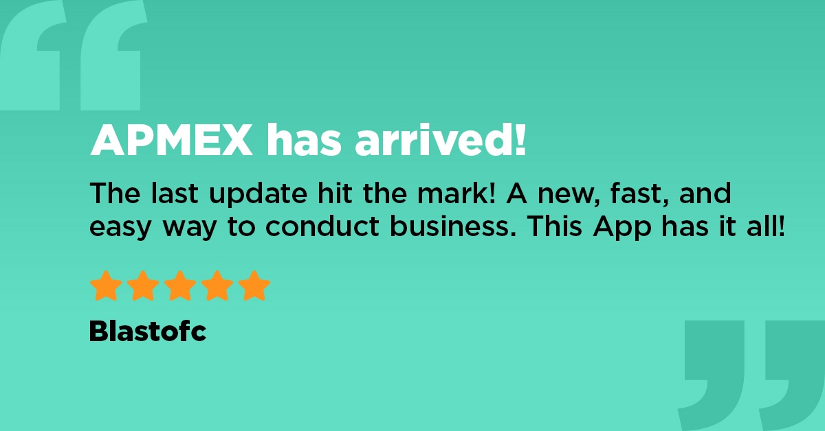 APMEX's tweet photo. We have arrived! Blastofc says that our latest update “hit the mark!” Check out our new APMEX App that “has it all!” Thanks for another 5-star review. If you haven’t downloaded the APMEX app yet, you’re missing out.

#APMEXApp #ShoppableApp

Learn more: https://t.co/MtG0ko9D3W https://t.co/YeeLJiLo2o