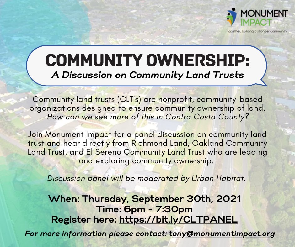 _RichmondLAND's tweet photo. 📢SAVE THE DATE for a Community Land Trust Panel on September 30 at 6pm.

Featured Panelists: 
💛Alex from Oakland CLT
💛Eddie from El Sereno CLT
💛Mia from Richmond CLT

Link to register: 
https://t.co/OofydDL5K1

#CLT #CommunityLandTrust https://t.co/1sGHkphHDr
