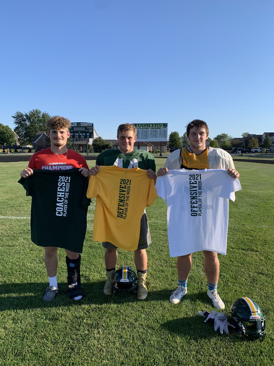 Congrats to the TD Club Players of the Week vs Bishop Mac
Offensive Player of the week Nick Seplak
Defensive Player of the week Ashton Harvey 
Coaches Player of the week Brady Best 
Great job boys. Go Coalers #ALLIN
