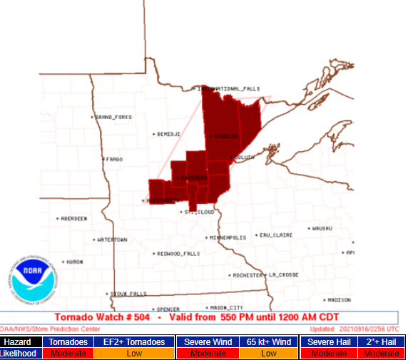 TORNADO  WATCH to 12 AM CDT for  Minnesota  A couple tornadoes possible  Wind gusts to 70 mph 2