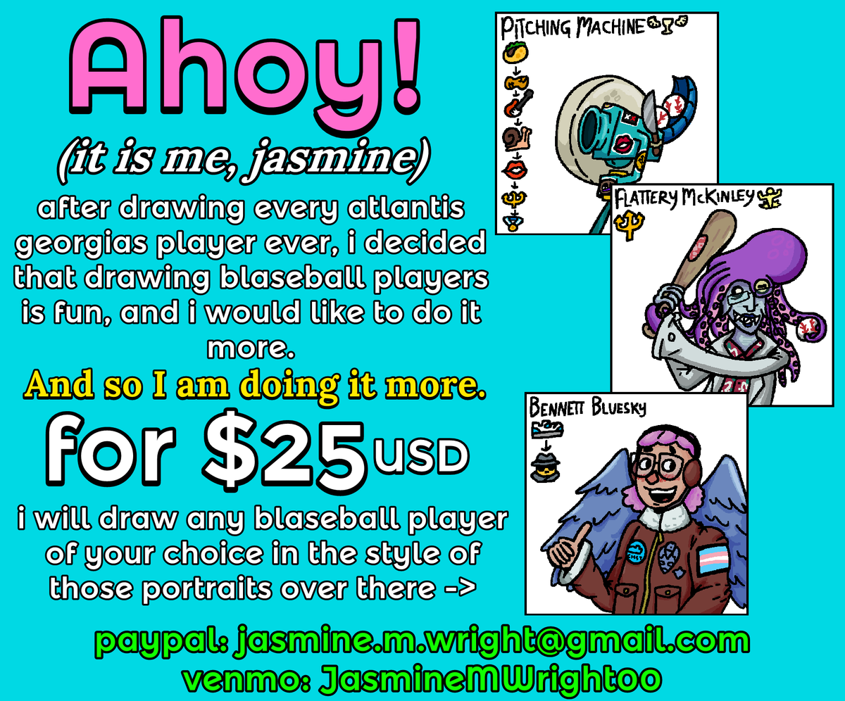 wayslidecool's tweet photo. I have decided to start doing #blaseball commissions! After drawing every single Atlantis Georgias player ever, I figured it'd be fun to draw some more, and so that is precisely what I am doing!

Feel free to DM me if you are interested!! https://t.co/BVxtbwDuPL