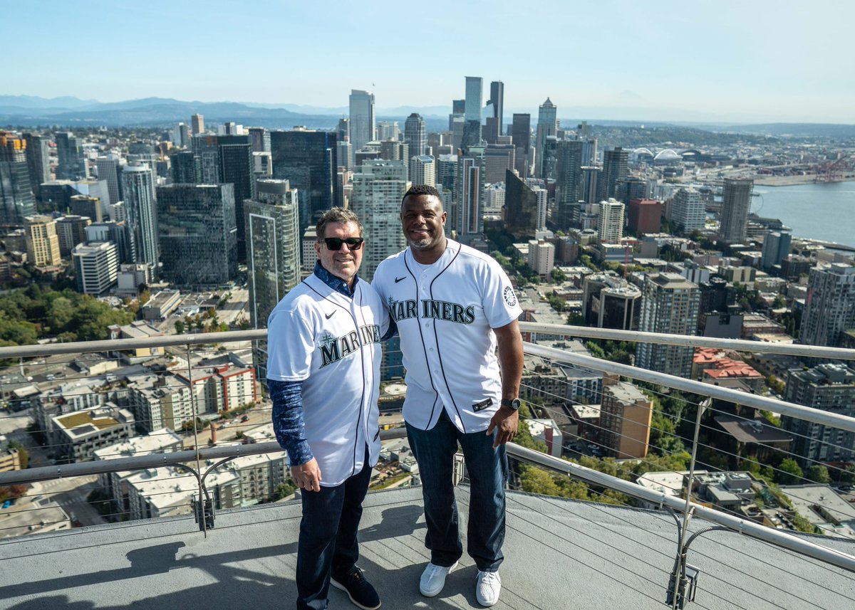 space_needle's tweet photo. The Midsummer Classic is returning to the Emerald City ⚾️ Hall of Famers and @mariners legends Ken Griffey Jr. &amp; Edgar Martinez took to the roof to tell the world that the @MLB @AllStarGame will return to Seattle in 2023! https://t.co/Hlxnbson3U