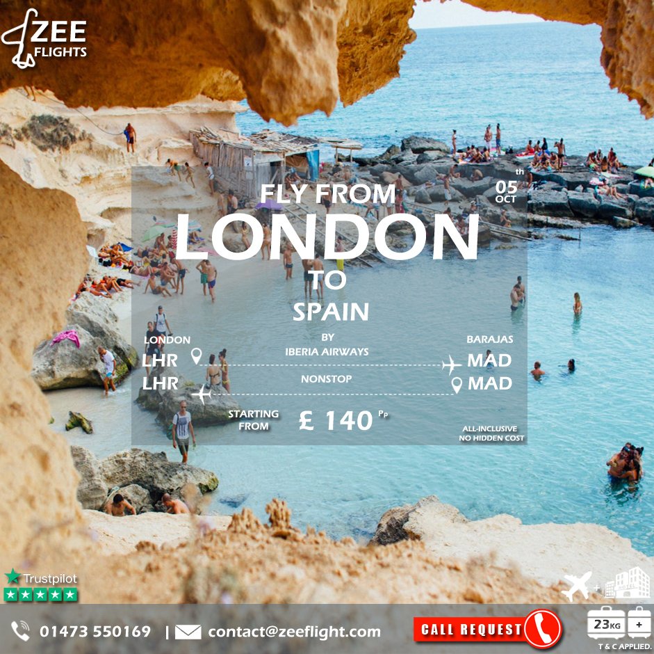 zeeflight's tweet image. Cheap Flights from London to Spain.

Contact us:
✆ : 014 735 50169.
✉: contact@zeeflight.com.
Web: zeeflight.com.