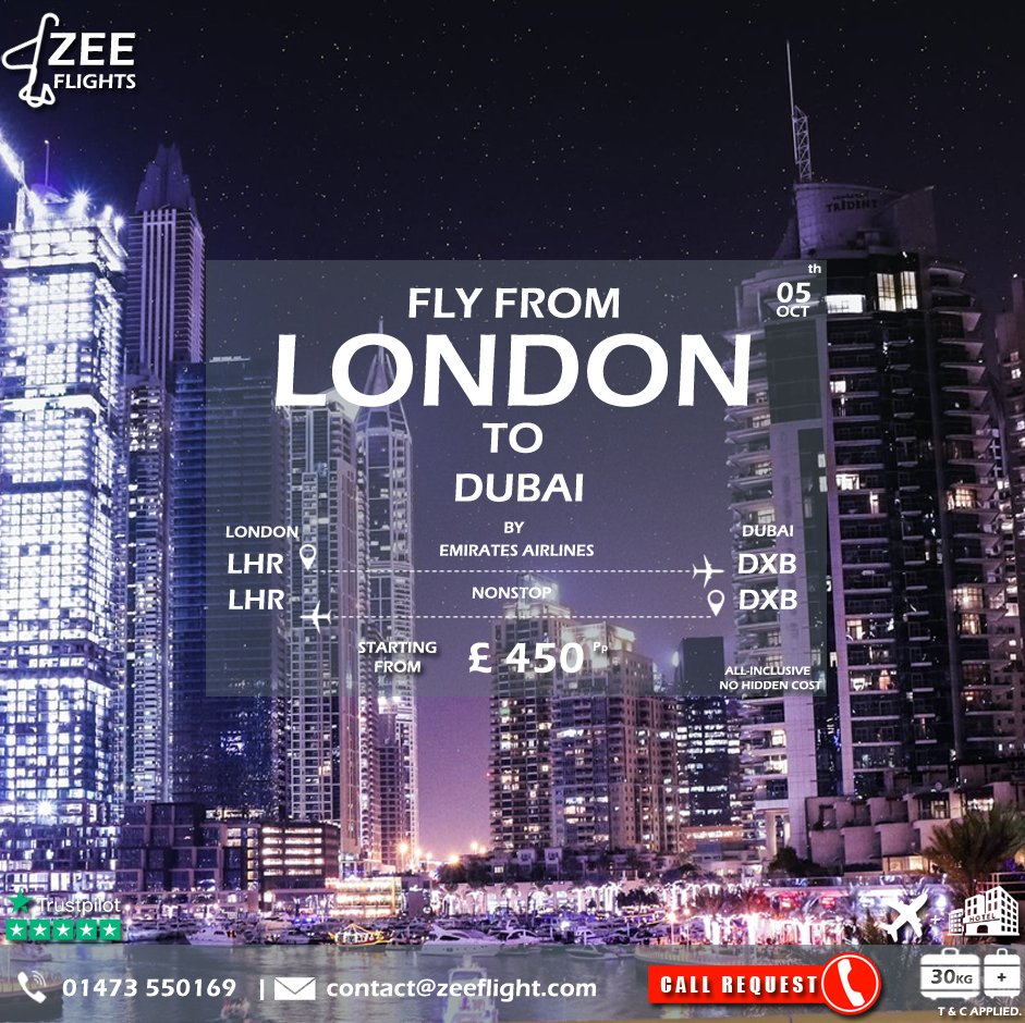 zeeflight's tweet image. Cheap Flights from London to Dubai.

Contact us:
✆ : 014 735 50169.
✉: contact@zeeflight.com.
Web: zeeflight.com.