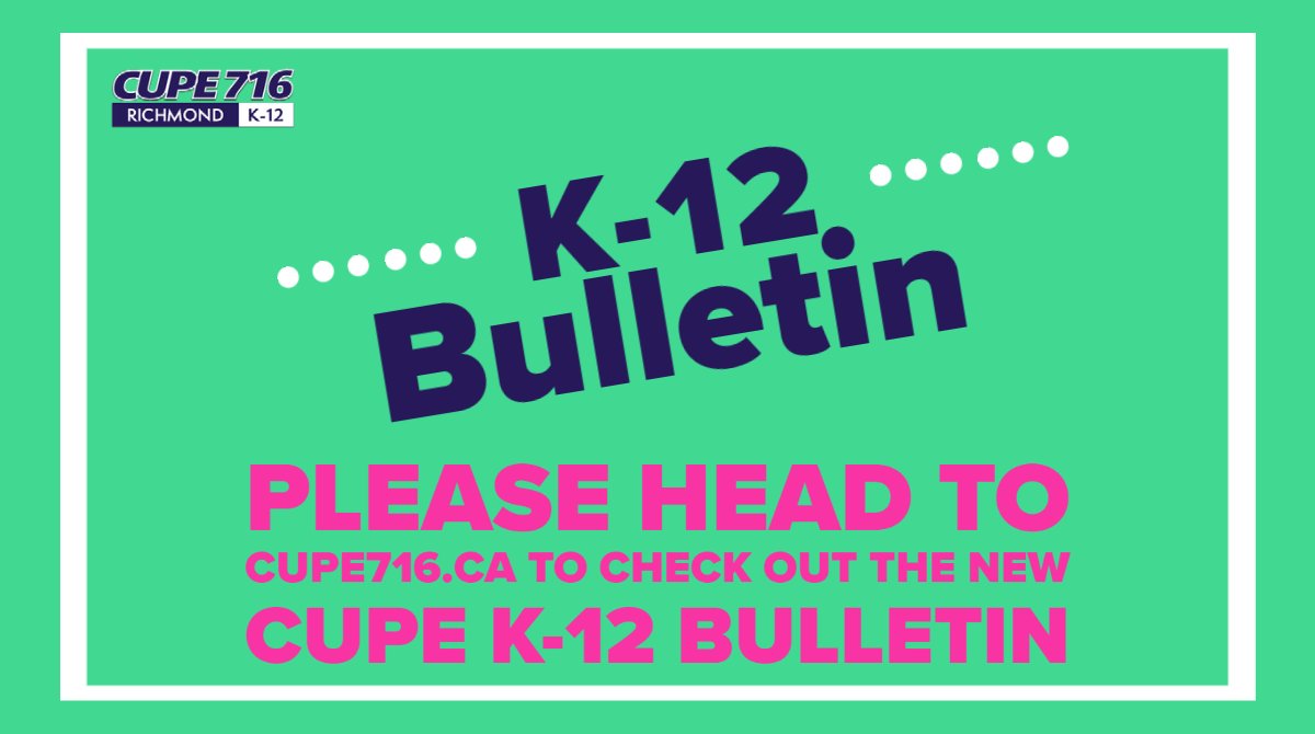 716Cupe's tweet photo. A new bulletin from @cupek12bc Presidents Council is now posted on our website: https://t.co/KrarQOh3c7
#cupe716 #cupek12bc #Bulletin https://t.co/m94n20OpI3