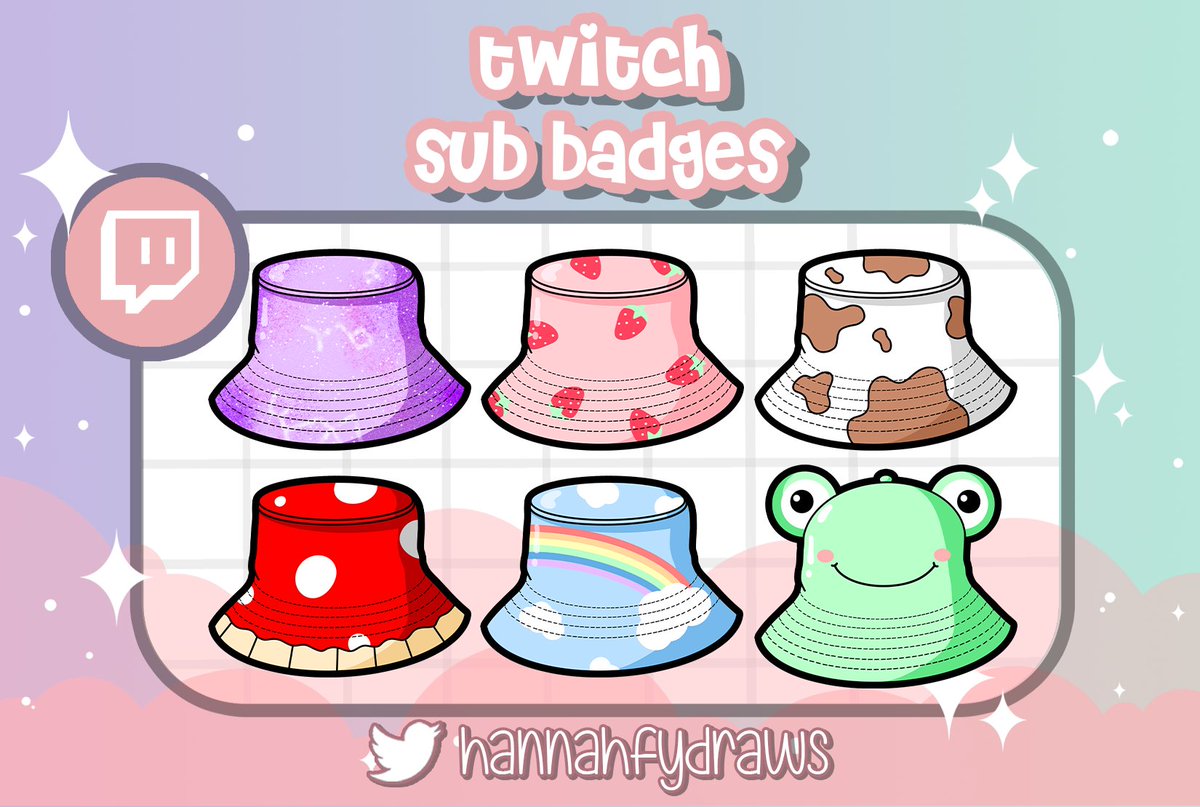 some cute bucket hat badges for <a href="/OliviaPolons/">Olivia Polons</a> thanks for working with me! :D
My commissions are open, dm me if you need Twitch emotes or sub badges! 
#emoteartist #twitchemote #twitchbadges #subbadges #commissionsopen #frogs #cottagecore