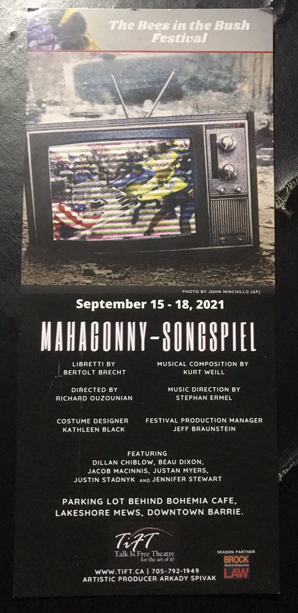 If hanging out in a parking lot behind a cafe in downtown Barrie is what it takes to see <a href="/TalkIsFree/">Talk Is Free Theatre</a> Mahagonny-Songspiel performed by Dillan Chiblow, Beau Dixon, Jacob MacInnis, Justan Myers, Justin Stadnyk &amp; Jennifer Stewart… hello Barrie parking lot!
tift.ca/portfolioentry…