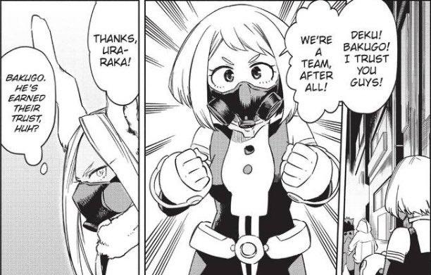 KacchakoLuvr's tweet photo. I just love how bakugo and deku getting along has always been ochako’s wish, and despite bakugo’s harsh attitude, she never hesitated to tell him about it. Then later on we really did see him apologize to deku. 😊💝 #kacchako https://t.co/ZDckk1h6hB
