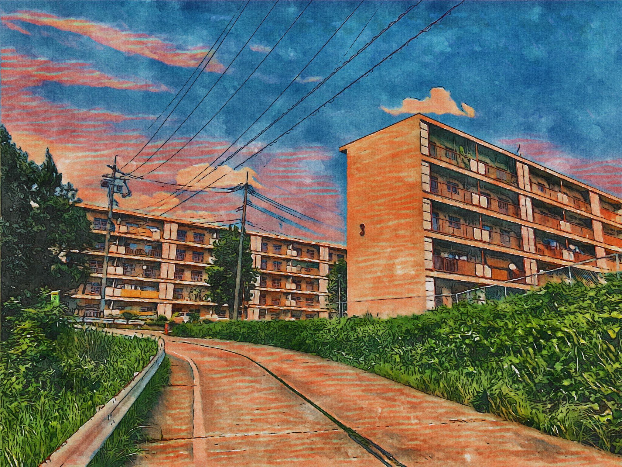 フリーランスなおきち 広島県福山市 引野町にある県営住宅 水彩画にしたらエモくなったので載せとく 昭和の団地にはとても魅力がある すき 広島県 福山市 引野町 県営住宅 団地 昭和の団地 レトロ 懐かしい 団塊の世代 エモい 水彩画