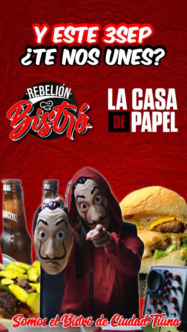 Buenas noches #rebeliónbistró los invita a el local para que vean  la serie "La Casa de Papel" ¡nosotros no les vamos a adelantar nada!

 Cómodo ambiente  y comidas para comer y llevar.

De 4:00 a 10:00 pm.

#Caracas #ciudadtiuna #fuertetiuna #restaurant #delivery