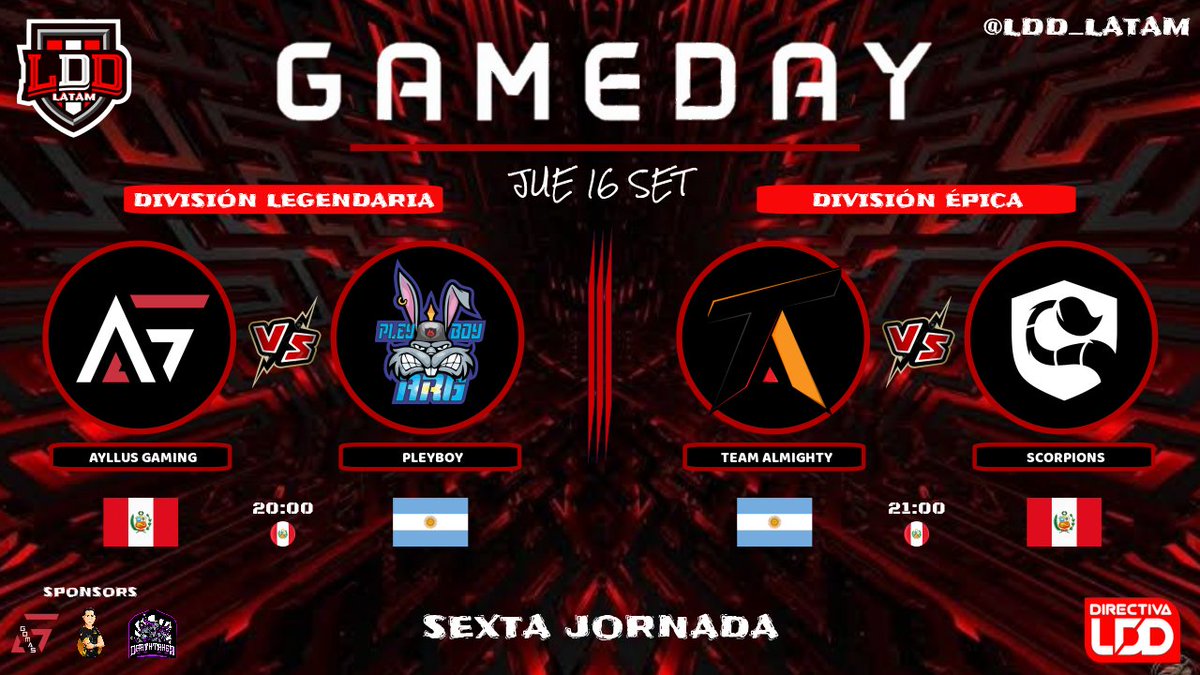 LDD 🇵🇪 (@ldd_peru) on Twitter photo ⚔️ GAMEDAY 2️⃣
Noche de versus internacional PERÚ 🇵🇪 contra ARGENTINA 🇦🇷 en duelo doble donde se enfrentan sus mejores representantes buscando los puntos que en esta etapa valen oro 💪🏻
<a href="/AyllusGaming/">Ayllus Gaming</a> 🆚 <a href="/PleyboyArg/">PleyBoy Arg</a>
<a href="/TAlmightyGG/">𝕋𝕖𝕒𝕞 𝔸𝕝𝕞𝕚𝕘𝕙𝕥𝕪⚔️🛡️ 🧡</a> 🆚 <a href="/ScorpionsGG/">Scorpions™</a>
... esto es #LDD ⚔️ GAMEDAY 2️⃣
Noche de versus internacional PERÚ 🇵🇪 contra ARGENTINA 🇦🇷 en duelo doble donde se enfrentan sus mejores representantes buscando los puntos que en esta etapa valen oro 💪🏻
<a href="/AyllusGaming/">Ayllus Gaming</a> 🆚 <a href="/PleyboyArg/">PleyBoy Arg</a>
<a href="/TAlmightyGG/">𝕋𝕖𝕒𝕞 𝔸𝕝𝕞𝕚𝕘𝕙𝕥𝕪⚔️🛡️ 🧡</a> 🆚 <a href="/ScorpionsGG/">Scorpions™</a>
... esto es #LDD