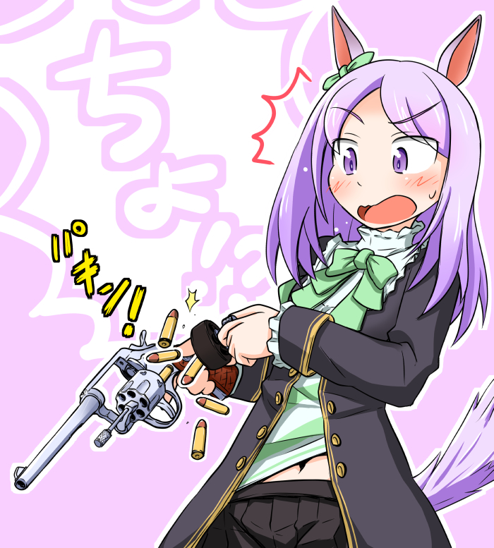 mejiro mcqueen (umamusume) 1girl animal ears tail horse ears horse girl weapon gun  illustration images
