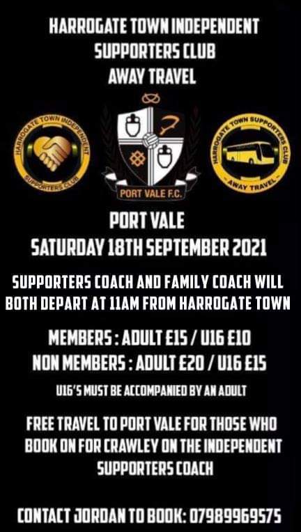 It's not too late to book on the Supporters Coaches to Port Vale tomorrow. 

Come and cheer on the lads, and travel in a safe and comfortable environment with other Town supporters. Coach will take you direct from Harrogate Town FC to Vale Park. Departs 11:00.

🖤💛🖤💛