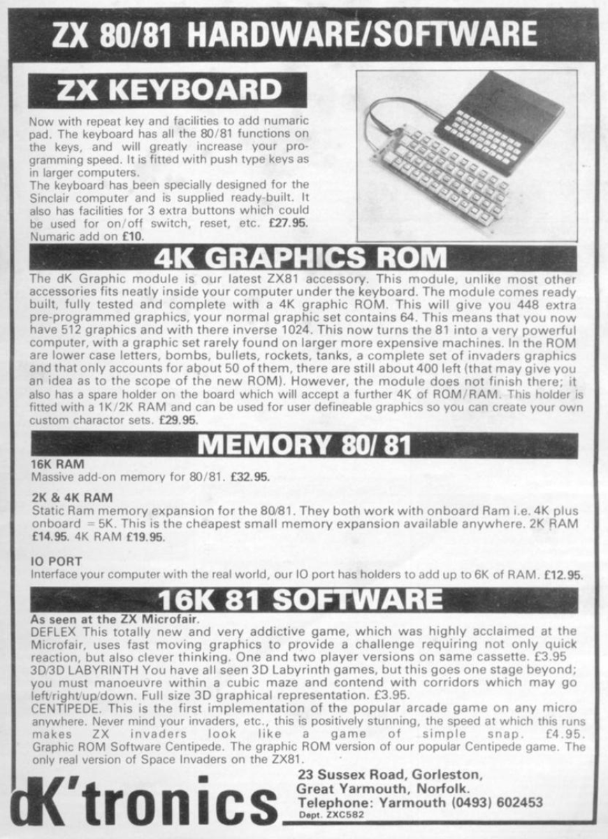 TakodanTweets's tweet photo. 1982 advert by #DKTronics and some of the stuff they sell. The company was founded on year earlier in 1981. #ZX80 #ZX81 https://t.co/i5sZn9F5kb