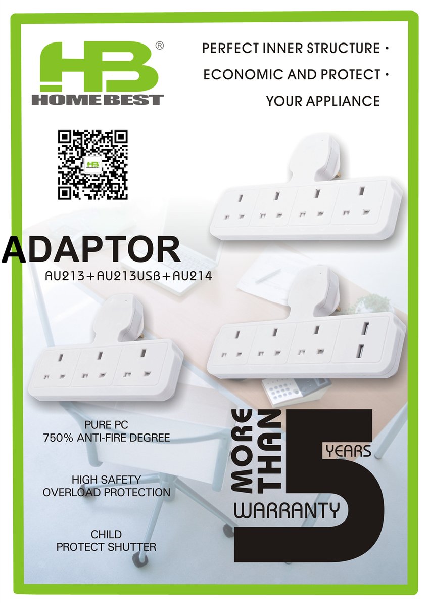 Lucia_homebest's tweet image. T type adaptor
Pure PC shell, 750℃ anti-fire
Overload protection
Child protect shutter
More than 5 years warranty
3 outlets 4 outlets with/without USB port (smart IC)
Standard 13A fused plug
hbsocket.com

#adaptorsocket #multisocket #13aplugsocket #fusedplugs