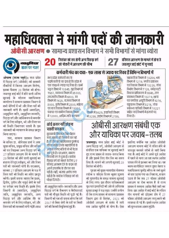 जानकारी देने में साँसे फूल रही है प्रशासन की । मध्यप्रदेश में सिर्फ 8% भागीदारी है ओबीसी की