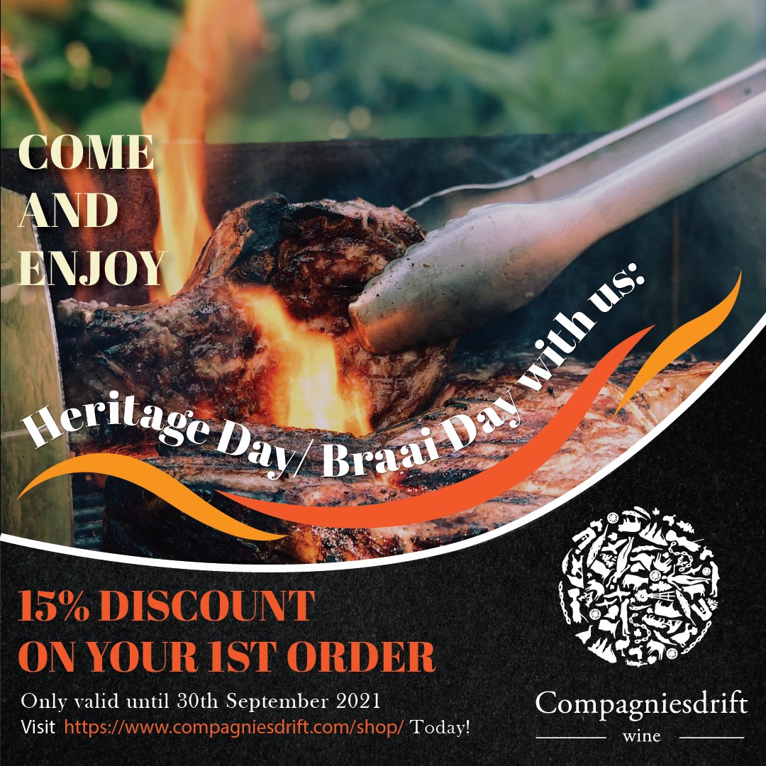 Celebrate #HeritageDay aka #BraaiDay with #Compagniesdrift
To make your day extra #special, we’re offering 15% discount on wines ordered via our #onlineshop compagniesdrift.com/shop
Offer valid until 30 Sept ’21 on your FIRST order.  Place those orders today!
#HeritageMonth