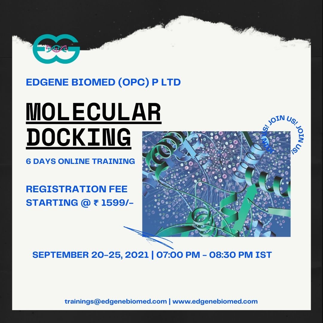 edgenebiomed's tweet photo. Last Date for Registration September 19, 2021
6 Days Online Training on Molecular Docking
Know More - https://t.co/VXS5fd3pCl
#biotech #biotechnology #bioinformatics  #molecularbiology #workshops #drugdiscovery #proteomics #lifesciences #proteinligandocking #proteinproteindocking https://t.co/BvJsN0mlAq