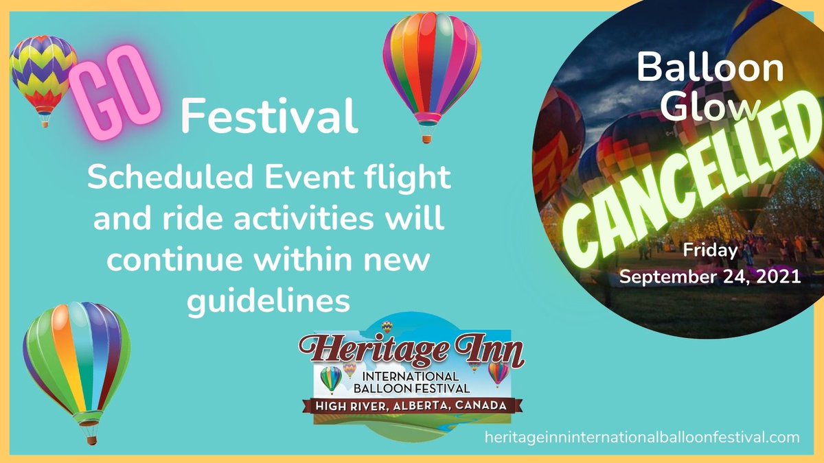 Sadly, the Balloon Glow 2021 is cancelled given the new provincial COVID guidelines. Happily, other scheduled Festival activities will continue safely. Check the website for details. 
#hiibf2021 
#heritageinninternationalballoonfestival
#highriveralberta