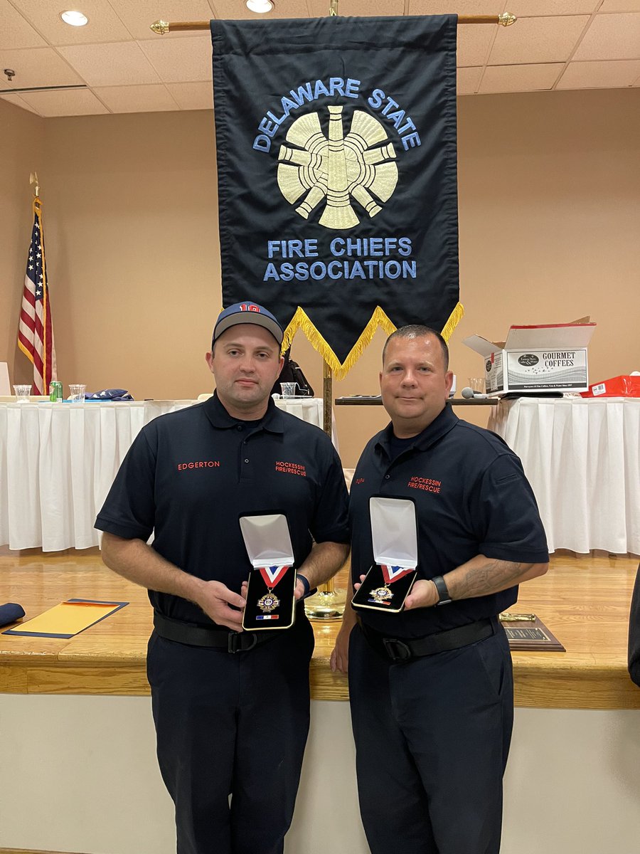 HockessinFireCo's tweet photo. Tonight at the Delaware State Fire Chiefs Meeting, Hockessin Career FF/EMT’s Jordan Edgerton and William Krupa were given the Heroic Firefighter of the Year Award for their actions at the Lantana Square Water Rescue on August 4, 2020. Go to our Facebook page for more details. https://t.co/THOIoN8VtW