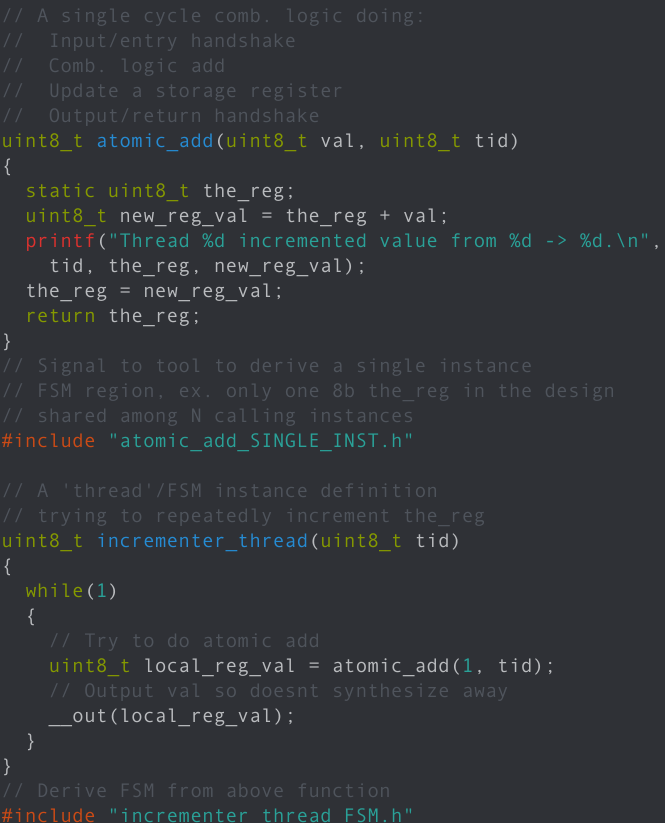 pipelinec_hdl's tweet image. Can your HDL share a single state machines among other state machines? Check out this 'multiple thread FSMs atomically incrementing a register' demo.
More announcements and documentation coming soon! (Can try it yourself today though!) #FPGA #hardware #PipelineC