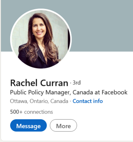 ColbyCramden's tweet photo. Rachel Curran's LinkedIn profile: Yes, manages public policy for #facebookcanada https://t.co/iPYJD76zKw