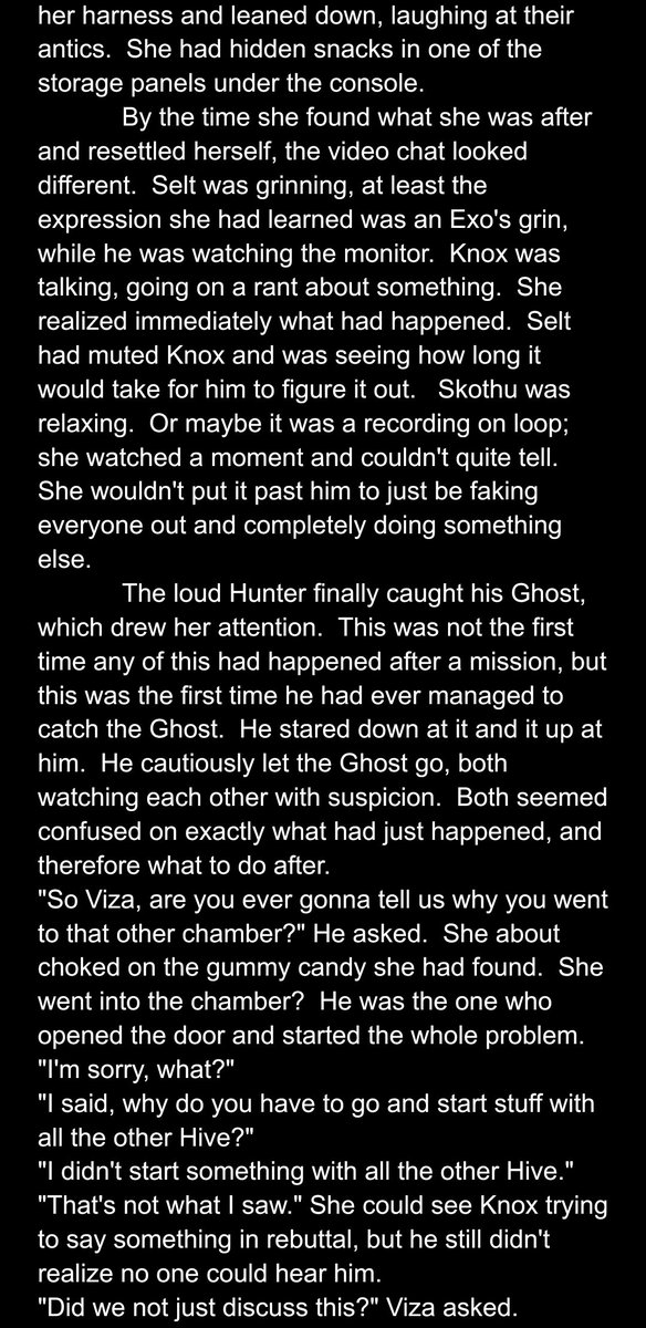 taliaocollins's tweet photo. Alright last one for this challenge. (So sad I'm ready for another!)  Honestly I wanted this just to be the dialogue.  I had that initial bit done and I loved it but it was no where near my word count.  Enjoy!  #Destiny2 #DestinyArchives #DestinyComWriting https://t.co/BCUGVyeeF2