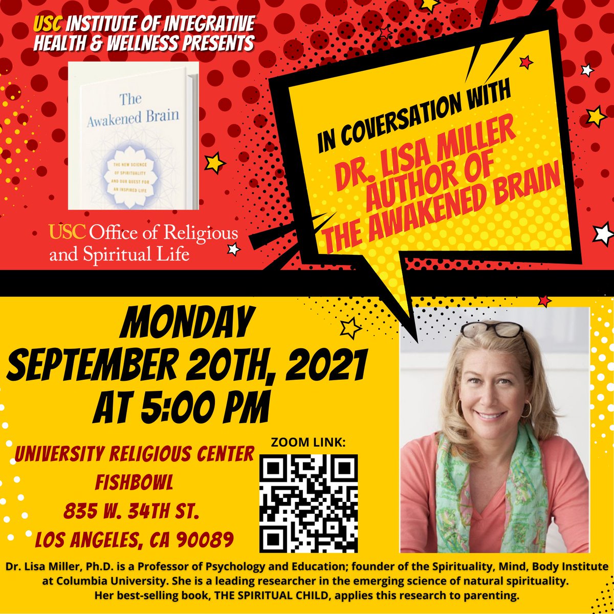 USCreligious's tweet photo. Dr. Lisa Miller in conversation at the University Religious Center Fishbowl.
Monday, September 20 at 5pm PST. She will discuss her work and talk about her latest book THE AWAKENED BRAIN. Zoom link TBA.
#TheAwakenedBrain #IIHW #BookTalk #Wellness https://t.co/PDiS2W74Ld