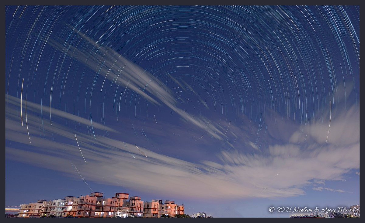 Clouds &amp; Trails

Last night clouds made way for stars to shine through over Gurugram.

This is a one hour star trail image made using the Panasonic Lumix S5 camera. The camera is on loan from Panasonic, has an inbuilt facility to make startrails.