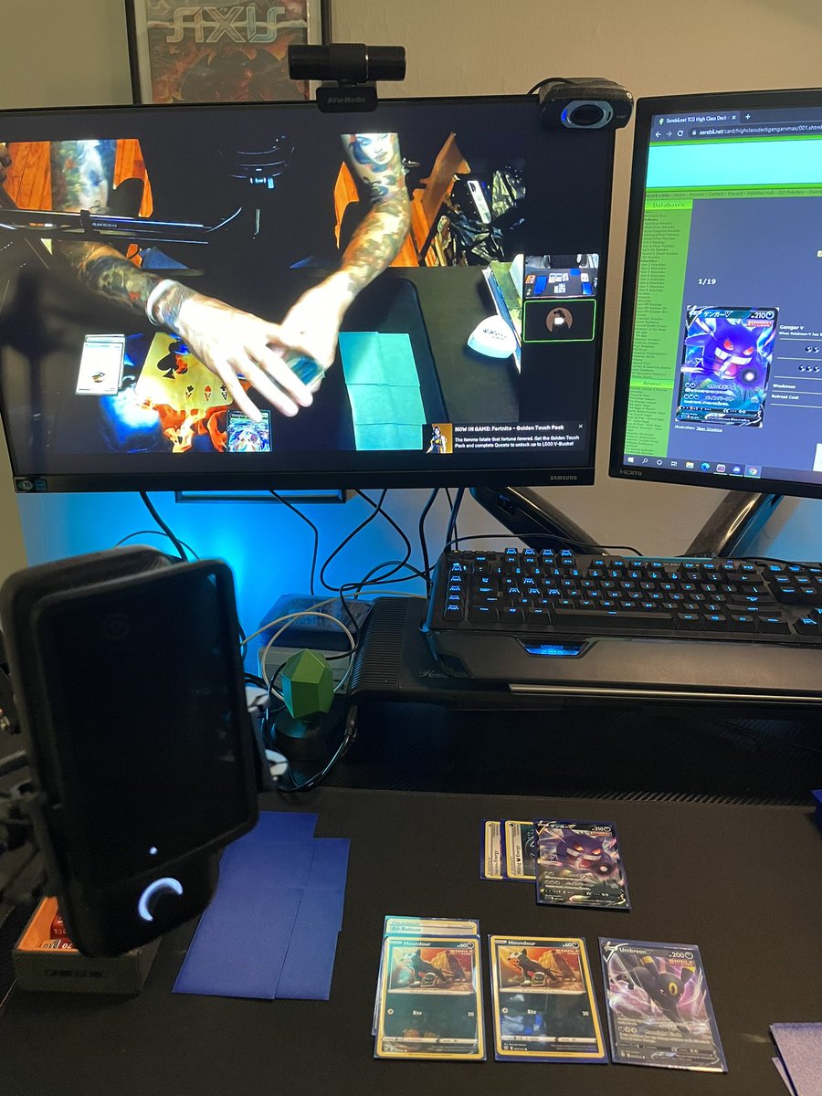 tim_sheridan's tweet photo. Testing the Purple boy over we cam with @ThatGuy_LarryG #PokemonTCG #Gengar #Singlestrike https://t.co/vTjGerjhjU