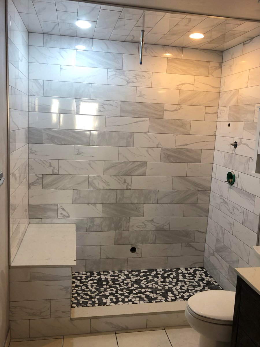 tiling_expert's tweet photo. Steam shower: we installed Schluter kerdi board, shower pan floor mosaic tile, porcelain tile in offset pattern in the shower surround, including ceiling and solid surfaces on the curb and bench.

#denvertiles #experttouchtiling #flooring #tiling #showerdesign https://t.co/kZVoPhecRC