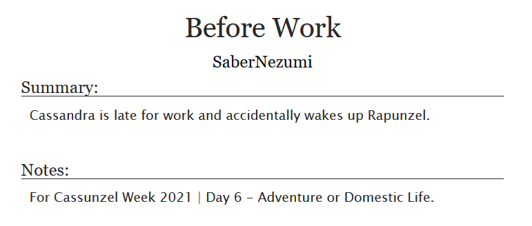 NezumiShutsujin's tweet photo. Written for #CassunzelWeek2021
They share a little moment before starting the day. Fluff domestic life post-canon.
https://t.co/xTwezPiXmw
#TTS #Cassunzel #CassunzelWeek https://t.co/LdBq0skSjs