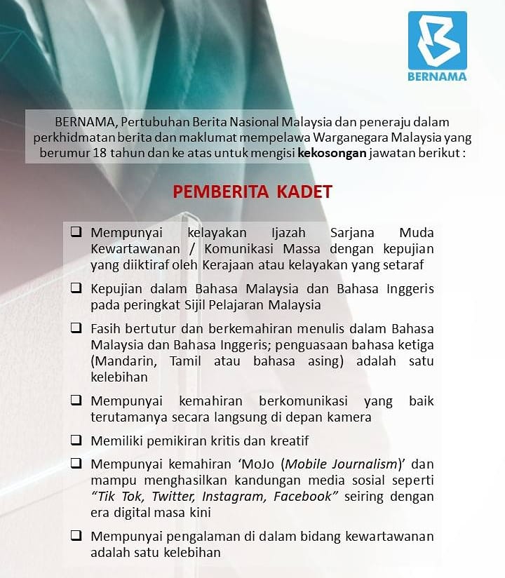 bernamadotcom's tweet photo. KEKOSONGAN JAWATAN DI BERNAMA/JOB VACANCY AT BERNAMA

Calon yang berminat diminta membuat permohonan di https://t.co/UXBp9mBCSV sebelum atau pada 28 September 2021.

Interested candidates can apply via https://t.co/UXBp9mBCSV by September 28, 2021. https://t.co/uyCMdcAHWx
