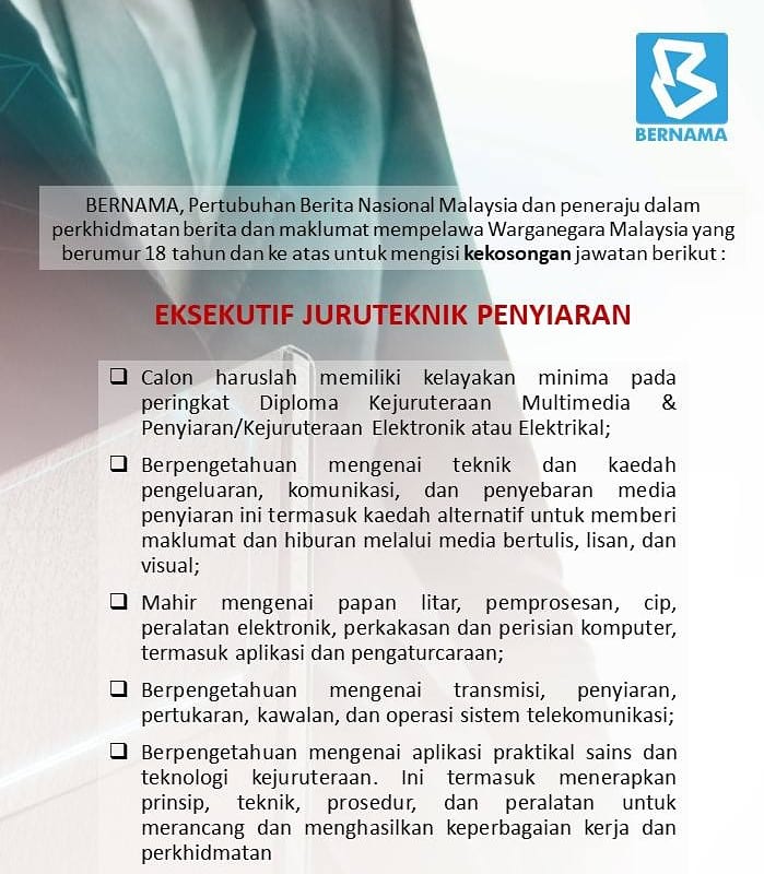 bernamadotcom's tweet photo. KEKOSONGAN JAWATAN DI BERNAMA/JOB VACANCY AT BERNAMA

Calon yang berminat diminta membuat permohonan di https://t.co/UXBp9mBCSV sebelum atau pada 28 September 2021.

Interested candidates can apply via https://t.co/UXBp9mBCSV by September 28, 2021. https://t.co/uyCMdcAHWx
