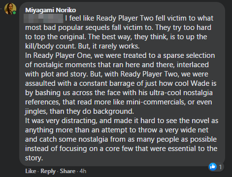 There was a discussion in one of the Microcomputer Facebook groups I am in about the novels Ready Player One and Ready Player Two.
Most everyone Loves them both for the nostalgia factor. Mostly Boomers and all.
This is pretty much my entire opinion of Ready Player Two. https://t.co/ZkPTweyqMh