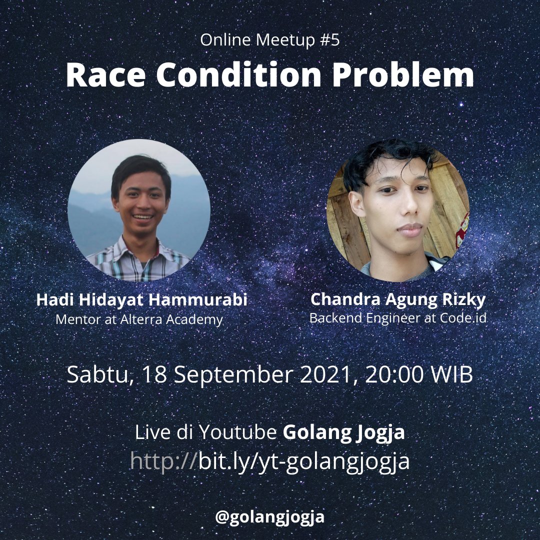 GolangJogja's tweet image. Halo, Gophers Jogja 👋

Golang Jogja akan mengadakan meetup online kelima dengan agenda:
- Saling Sapa (Keakraban)
- Sharing Session

Temen-temen bisa ikutan melalui Youtube Channel Golang Jogja (bit.ly/yt-golangjogja).
Pada Hari Sabtu, 18 September 2021 pukul 20:00 WIB