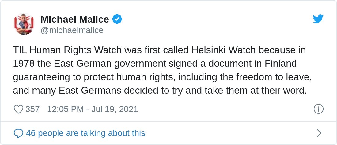 1417153865514897416 TIL Human Rights Watch was first called Helsinki Watch because in 1978 the East German government signed a document… https://t.co/Xh5e4hU64h