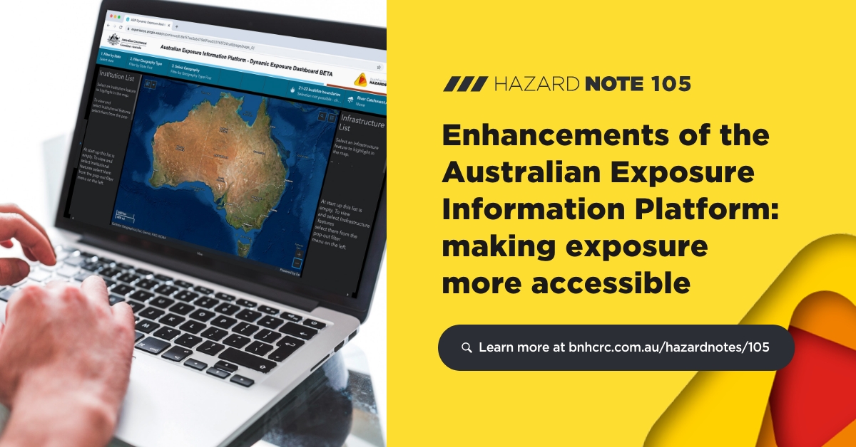 Research with @GeoscienceAus has improved the Australian Exposure Information Platform, making information about exposure to #naturalhazards more accessible. This includes the launch of a new Dynamic Exposure Dashboard. Find out more with Hazard Note 105: bit.ly/3EsqeUo