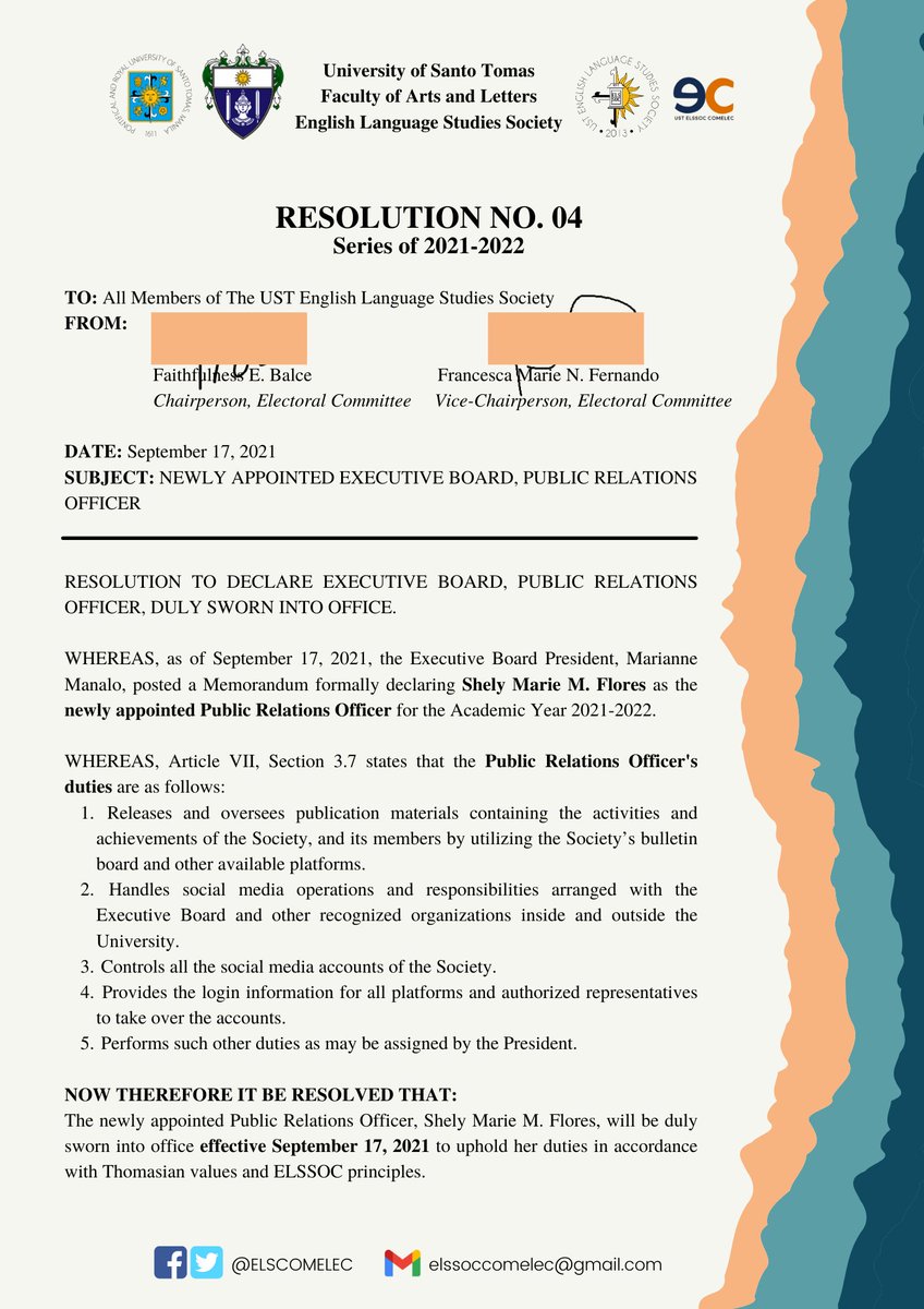 ELSCOMELEC's tweet photo. RESOLUTION NO. 04
SERIES OF 2021-2022

To: All members of the UST English Language Studies Society
From: Chairperson and Vice-Chairperson, Electoral Committee
Date: September 17, 2021
Subject: Newly appointed Executive Board, Public Relations Officer https://t.co/QO1O8Vaubl