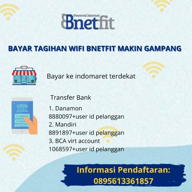 Kini bayar Tagihan WIFI BNETFIT semakin gampang. Cukup ke indomaret terdekat dengan menyebutkan no pelanggan ke kasir atau transfer melalu bank berikut

#wifi #freeinstalasi