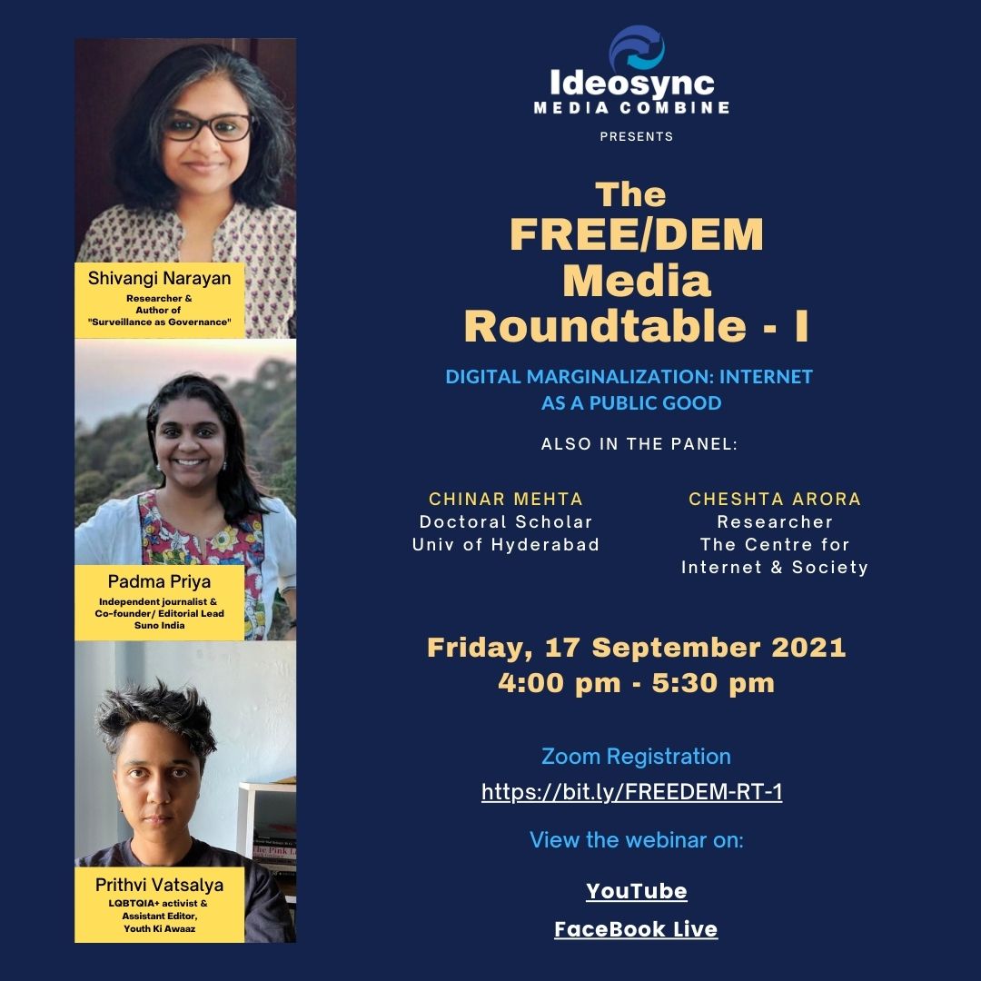 IdeosyncMedia's tweet image. Gentle reminder that this important discussion is happening TODAY, everyone! 17 Sep 2021 - starts 4 pm IST.
You can still register at the Zoom link (bit.ly/FREEDEM-RT-1) - or watch it live on our Youtube channel (youtu.be/rvkcpp7KszQ)!
#FREEDEMRT1 #DigitalMarginalization