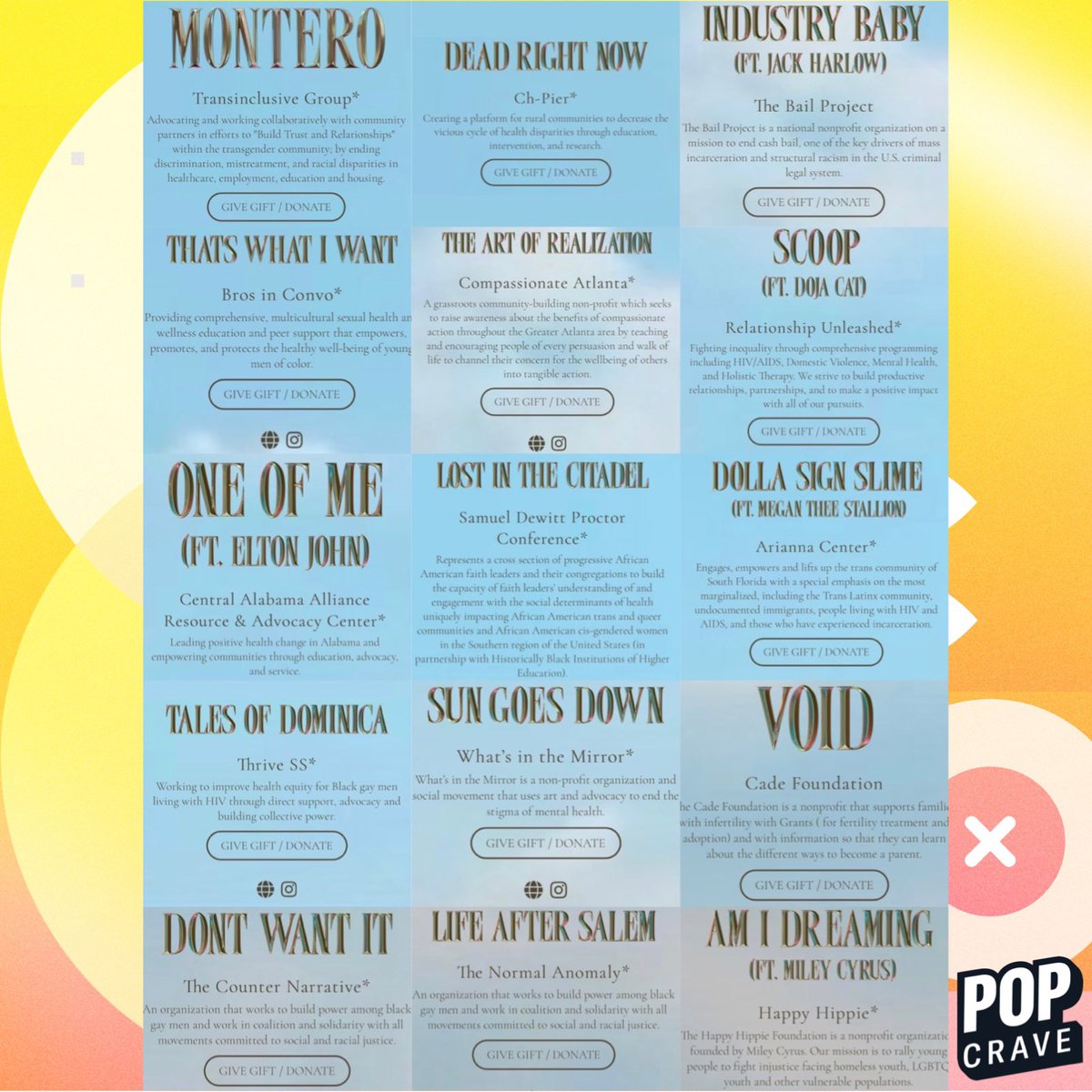 PopCrave's tweet image. .@LilNasX has created a “baby registry” for his debut album, #MONTERO, where fans can donate to nonprofit organizations dedicated to each track.

Donate: welcometomontero.com/babyregistry/