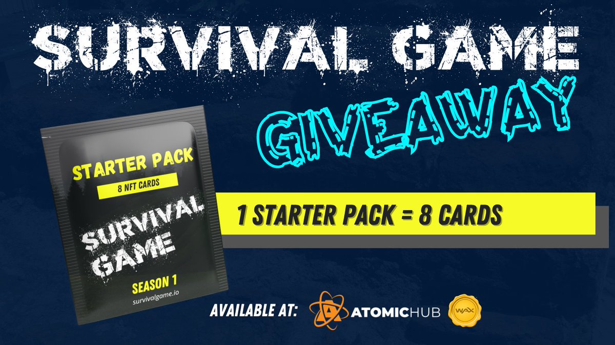 SURVIVAL GAME GIVEAWAY!

1 Starter Pack with 8 cards! Complete the missions and climb on the leaderboard!

- Follow @survivalgamenft
- Follow @nftlaunchpad
- Follow @julianftgirl
- Retweet &amp; Comment your wax wallet 

Winner announced on September 22

#nftgiveaway #nft #wax