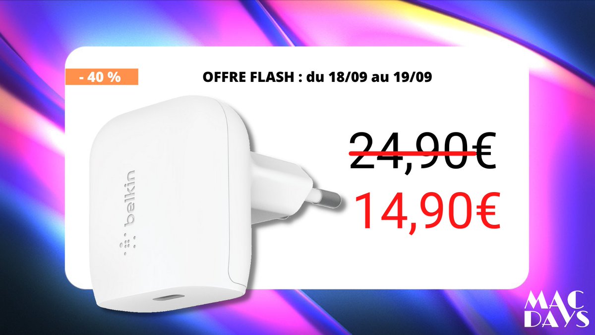 macway_fr's tweet photo. 🚨OFFRE FLASH🚨
Grâce aux #MacDays, du 18 au 19 septembre, profitez de -40% sur le chargeur @Belkin. ✌️
Exceptionnellement petit et rapide, il est à la fois compact et pratique et offre une recharge rapide à votre appareil.
➡️ https://t.co/Im4397rs82
#hightech #tech https://t.co/2V9cFfMxbN