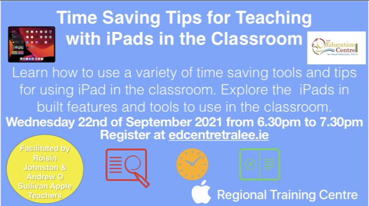 Our first workshop of the 21/22 academic year taking place on Wednesday 22nd September. To book edcentretralee.ie/apple-rtc/work… <a href="/RoisinJohnston1/">Róisín Johnston</a> <a href="/andy_batt/">a__ndy.batt</a> @edcentretralee #AppleRTC